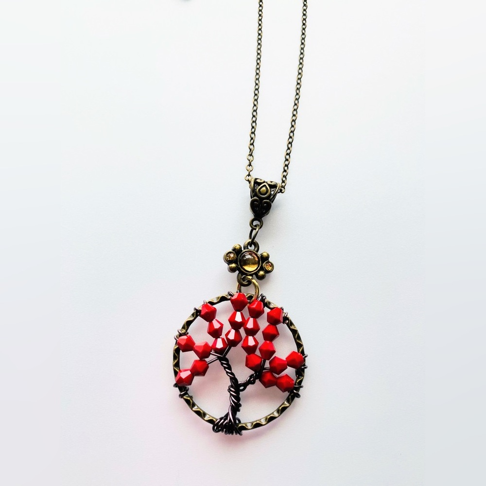 Red crystal beaded wirewrapped tree necklace